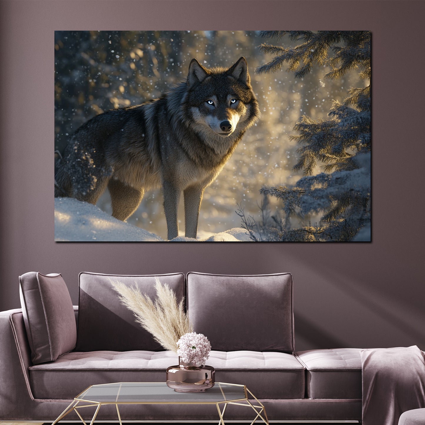 Einsamer Wolf im Schnee mit Sonnenlicht Wandbild