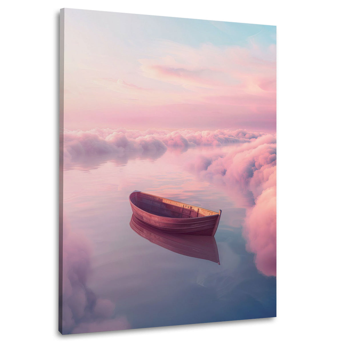 Wandbild mit einsamem Boot im rosa Wolkenmeer