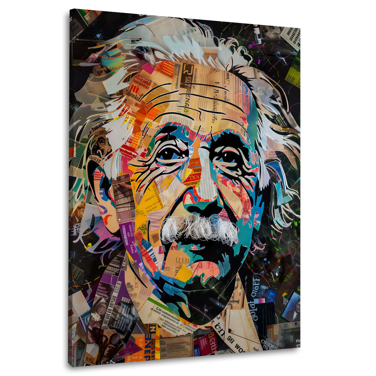 Wandbild mit Einstein Porträt als farbige Papiercollage