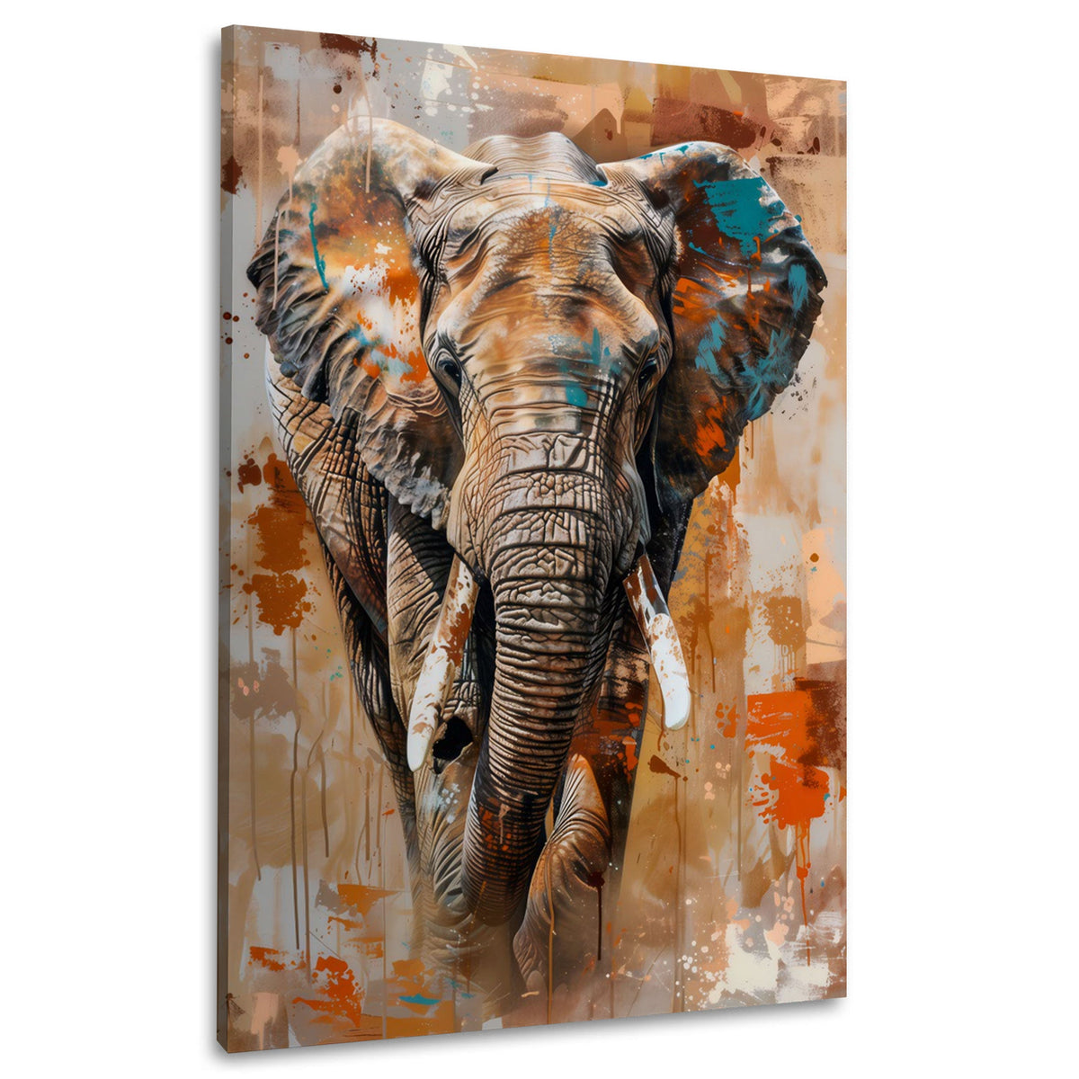 Wandbild mit Elefant frontal und Farbspritzern in Beige