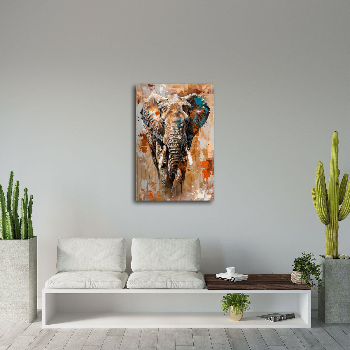 Elefant Wandbild über dem Sofa im Wohnzimmer