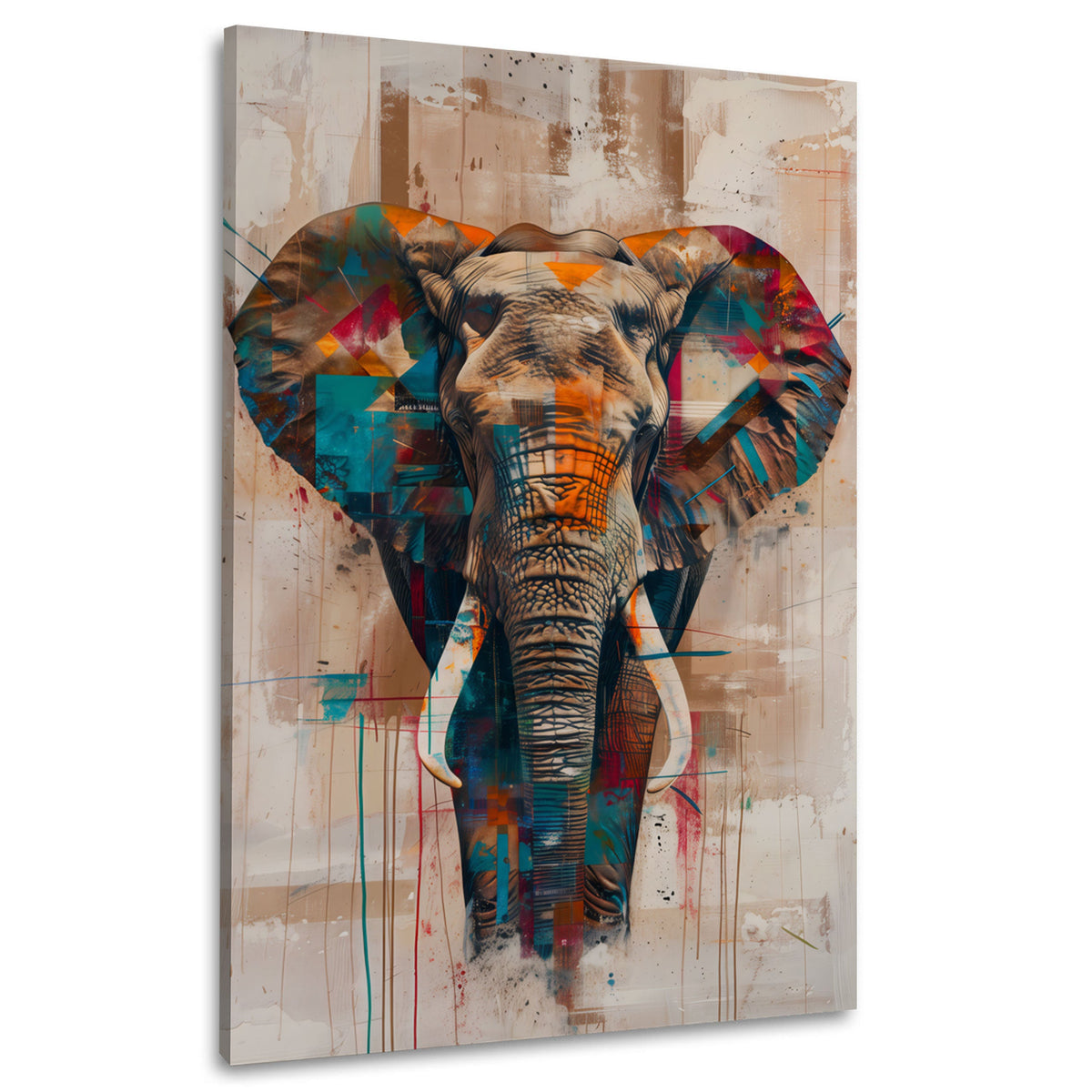 Abstraktes Wandbild mit Elefant in Petrol und Orange