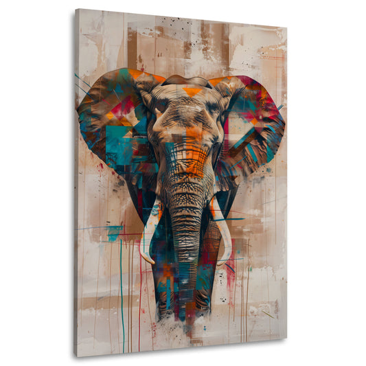 Abstraktes Wandbild mit Elefant in Petrol und Orange