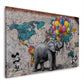 Wandbild Elefant mit bunten Ballons vor Weltkarte auf Backsteinwand
