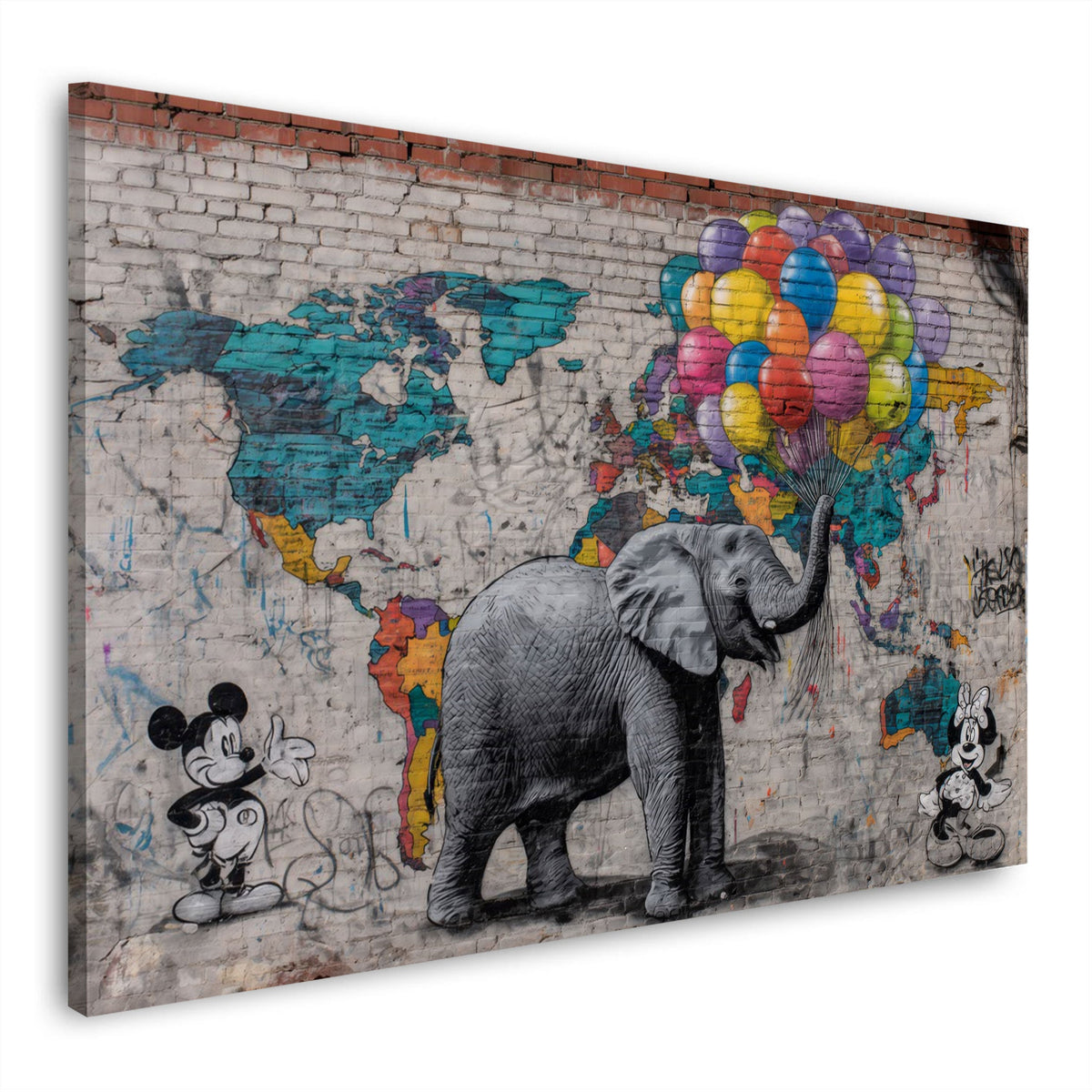 Wandbild Elefant mit bunten Ballons vor Weltkarte auf Backsteinwand