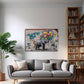 Street Art Wandbild im Querformat mit Elefant und Weltkarte im Wohnraum