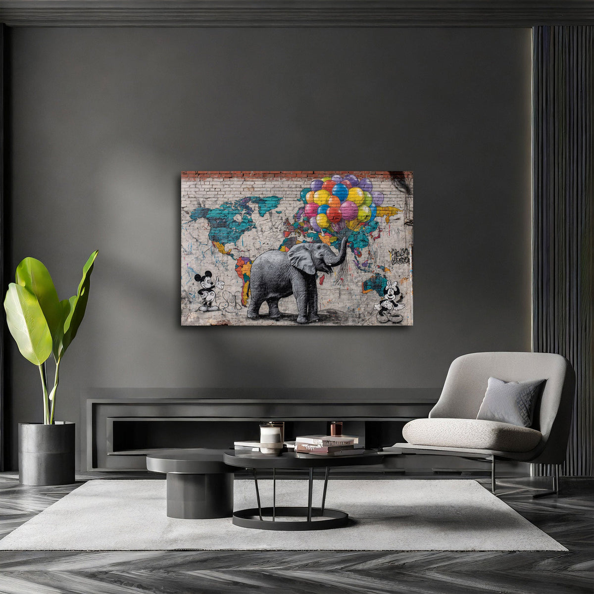 Detailansicht Wandbild mit Elefant, Ballons und Comic Mäusen