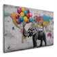 Wandbild Elefant mit bunten Luftballons vor Weltkarte