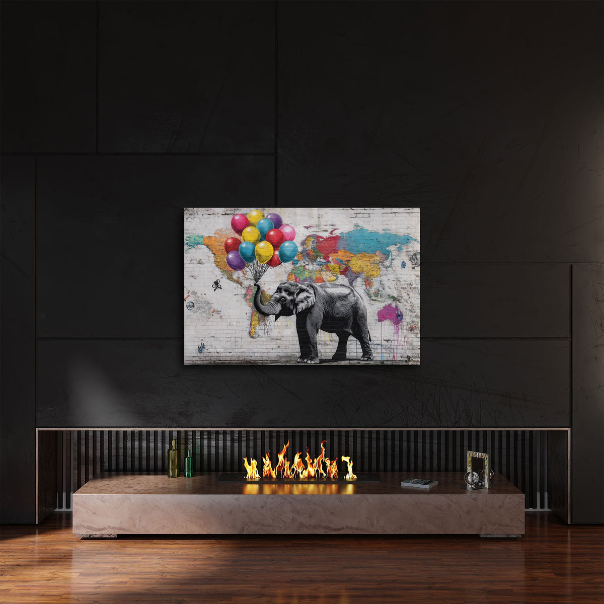Street Art Wandbild im Querformat mit Elefant und Weltkarte im Wohnraum
