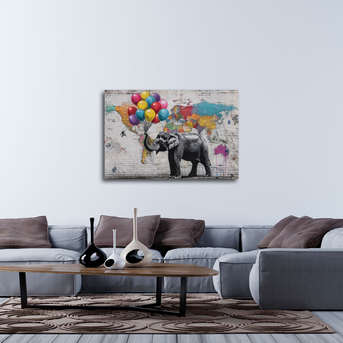 Detailansicht Elefanten Wandbild mit Luftballons auf Backsteinwand