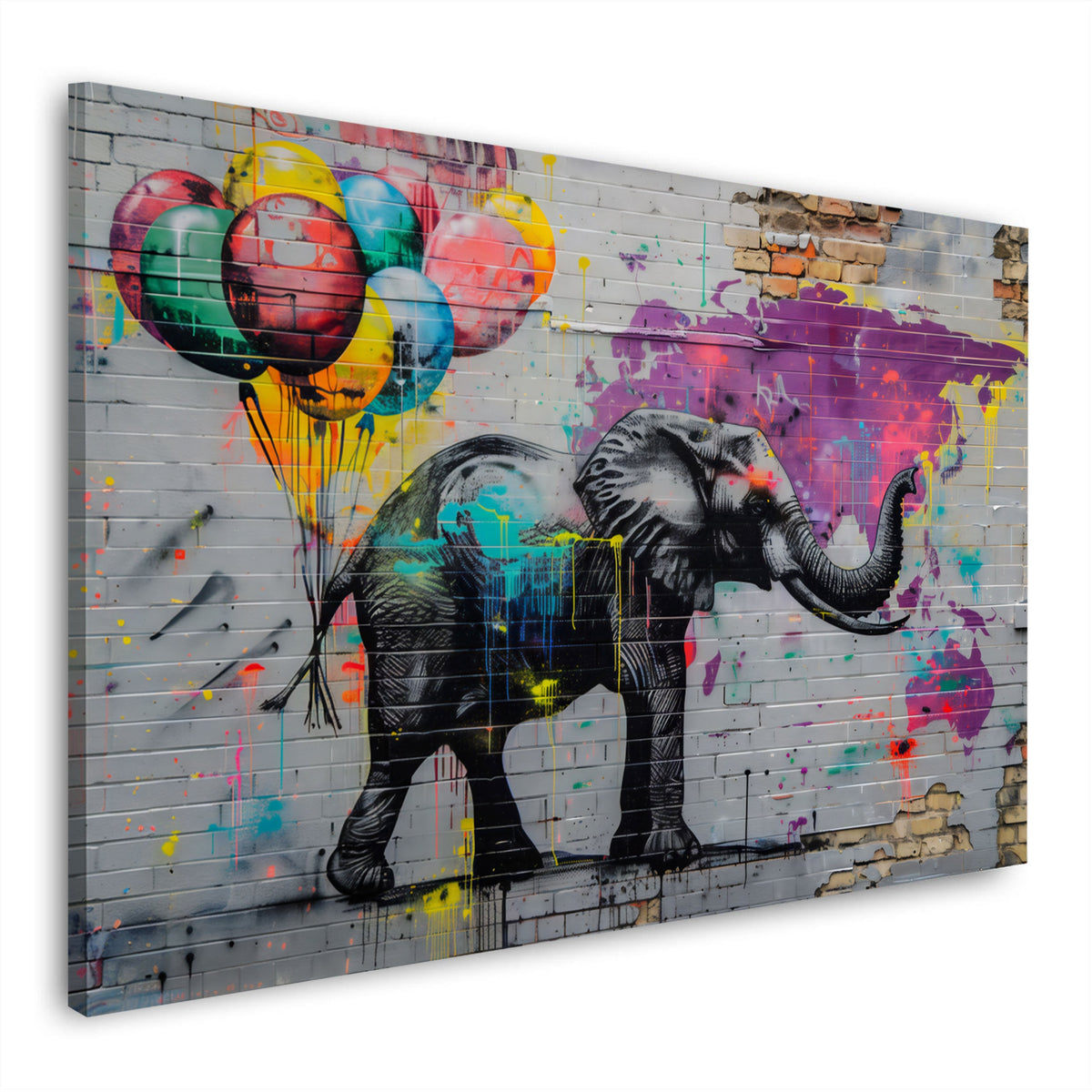 Wandbild Elefant mit Luftballons vor Weltkarte im Street Art Stil auf Leinwand