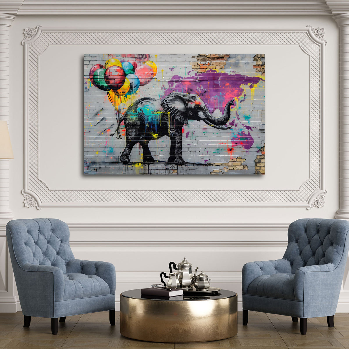 Street Art Wandbild mit Elefant und Ballons im modernen Wohnraum