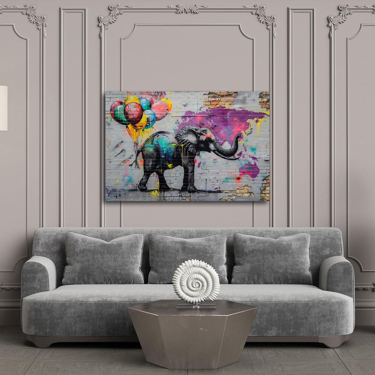 Detailansicht Graffiti Wandbild mit Elefant Ballons und Ziegelwand