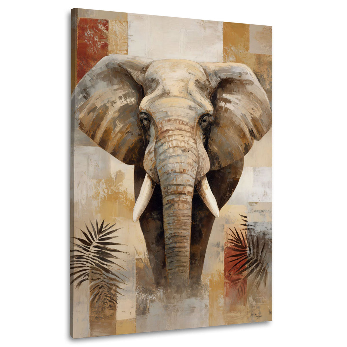 Wandbild mit Elefant und Palmblättern in Beige und Rot