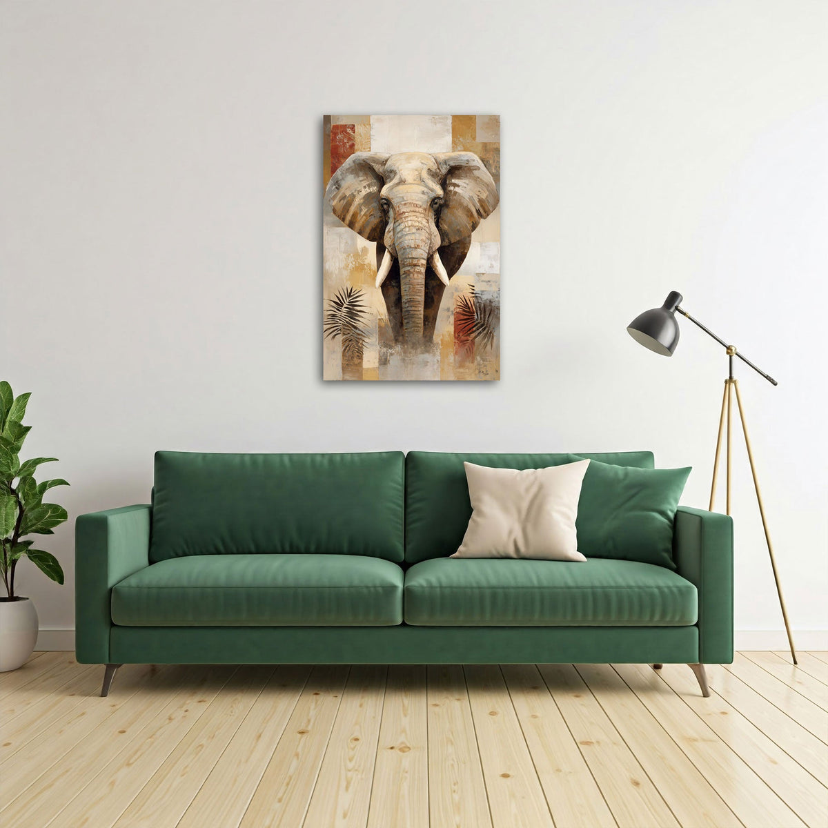 Elefant Wandbild über dem Sofa im Wohnzimmer
