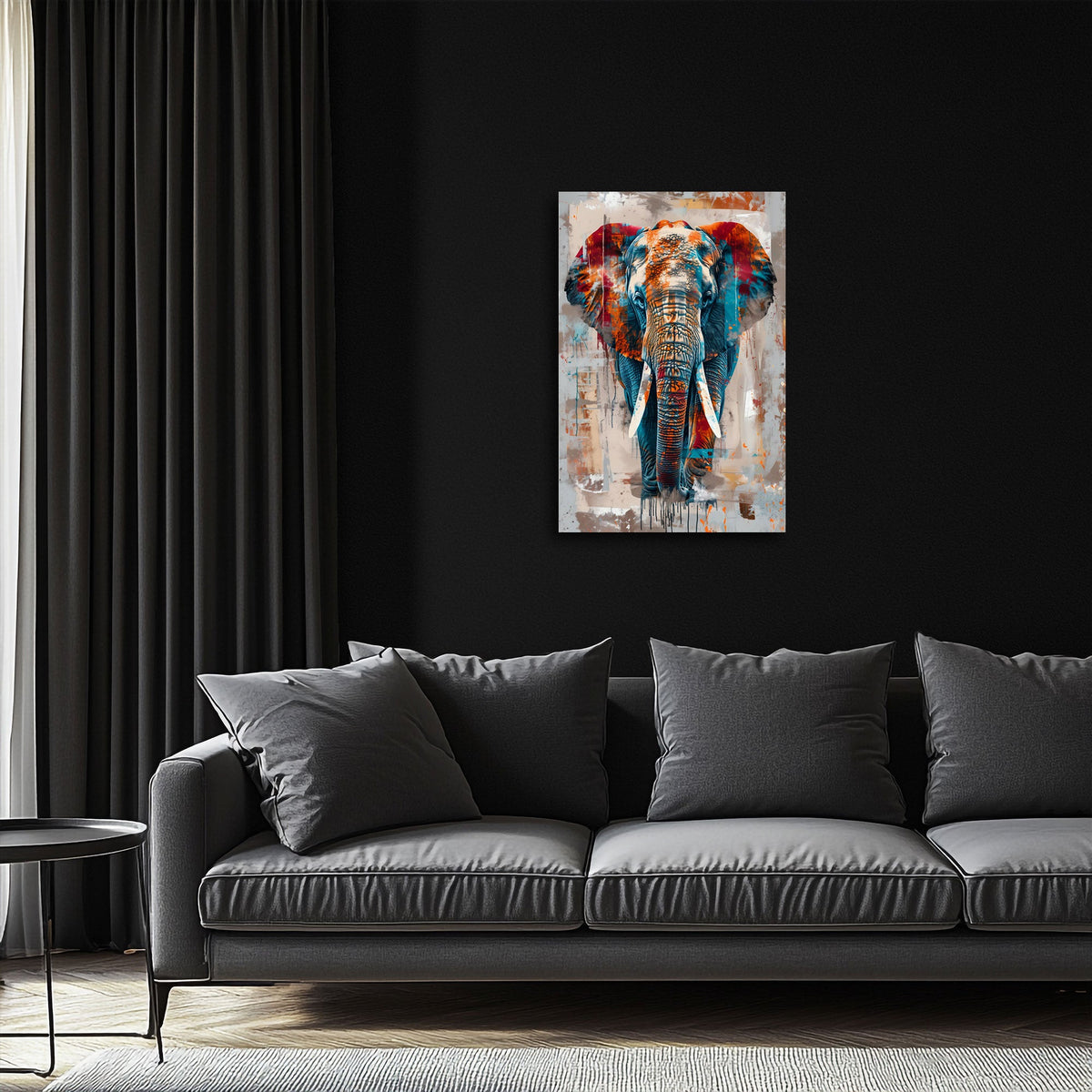 Modernes Tier Wandbild als Farbakzent im hellen Wohnraum