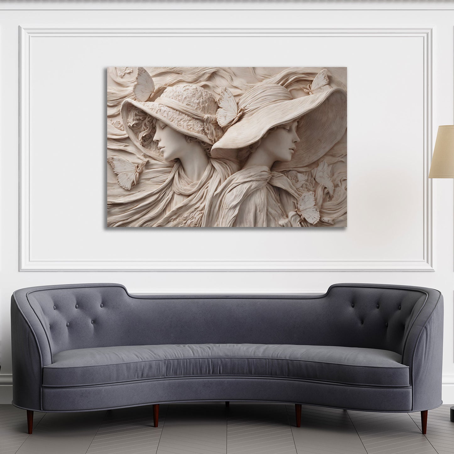 Elegante Damen Skulptur mit Hüten und Schmetterlingen Wandbild