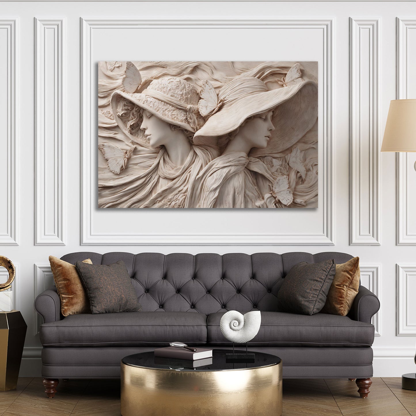 Elegante Damen Skulptur mit Hüten und Schmetterlingen Wandbild