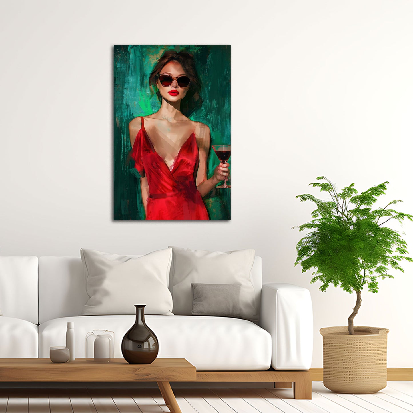 Elegante Frau im roten Kleid mit Weinglas Wandbild