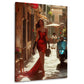 Frau im roten Abendkleid in sonniger italienischer Gasse mit Vespa – Wandbild im Hochformat