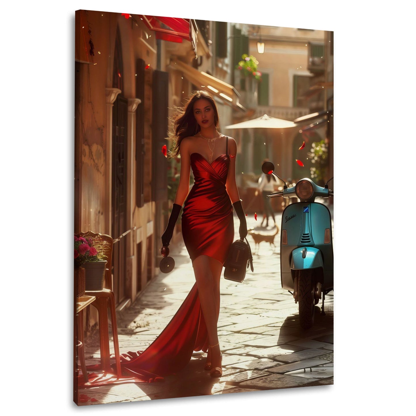 Frau im roten Abendkleid in sonniger italienischer Gasse mit Vespa – Wandbild im Hochformat