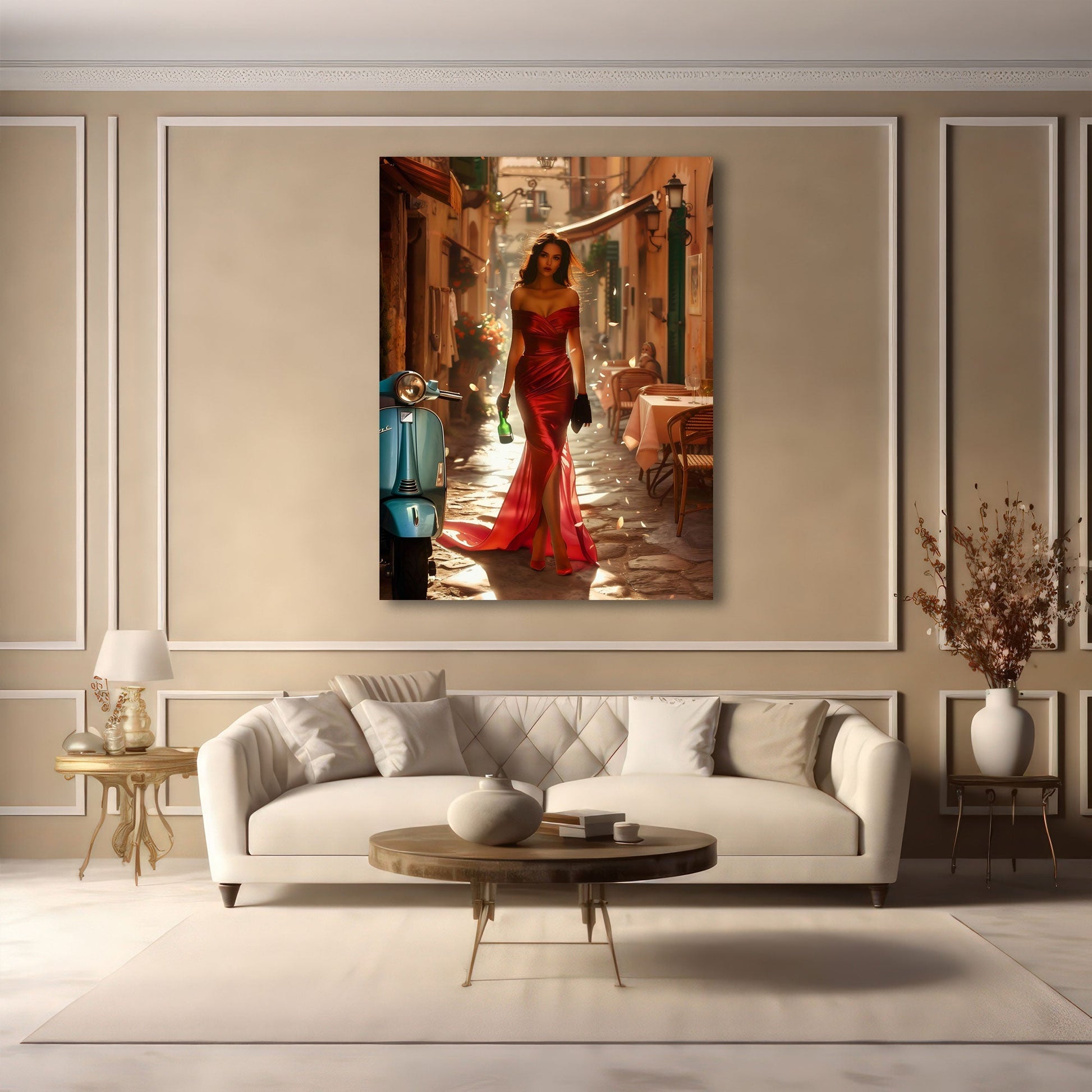 Wandbild mit Frau im roten Kleid über dem Sofa im Wohnzimmer