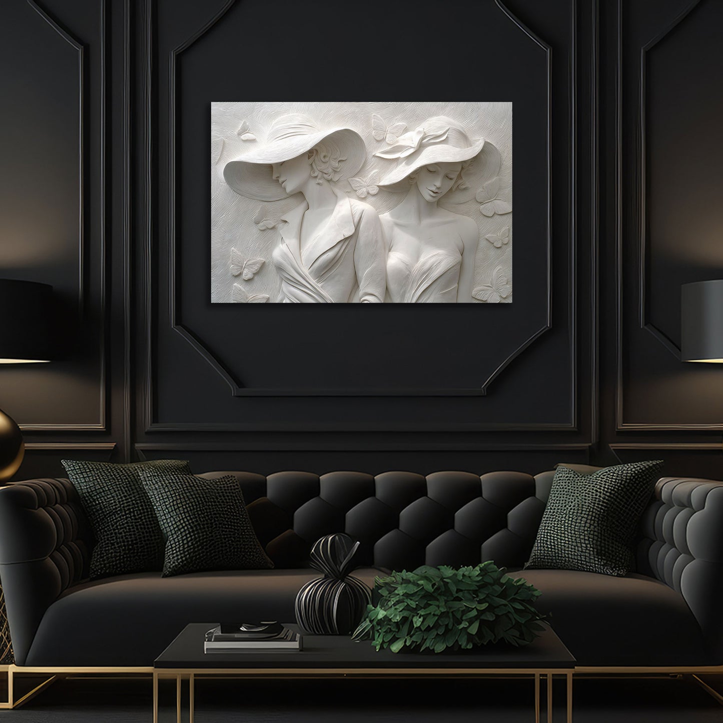 Elegante Frauen Skulptur große Hüte Schmetterlinge Wandbild