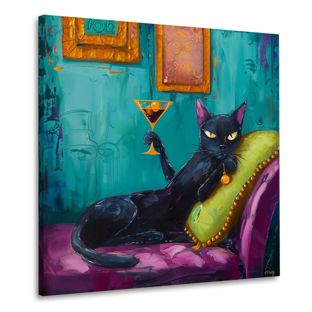 Wandbild mit eleganter schwarzer Katze und Cocktailglas