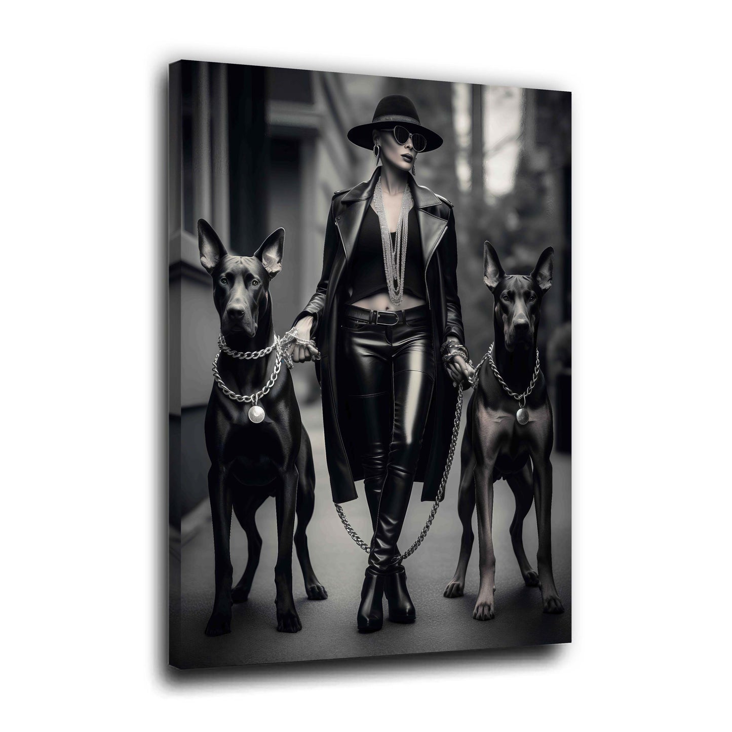 Elegante Lady Frau mit Hunden Großstadt Look Schwarz Weiß Wandbild