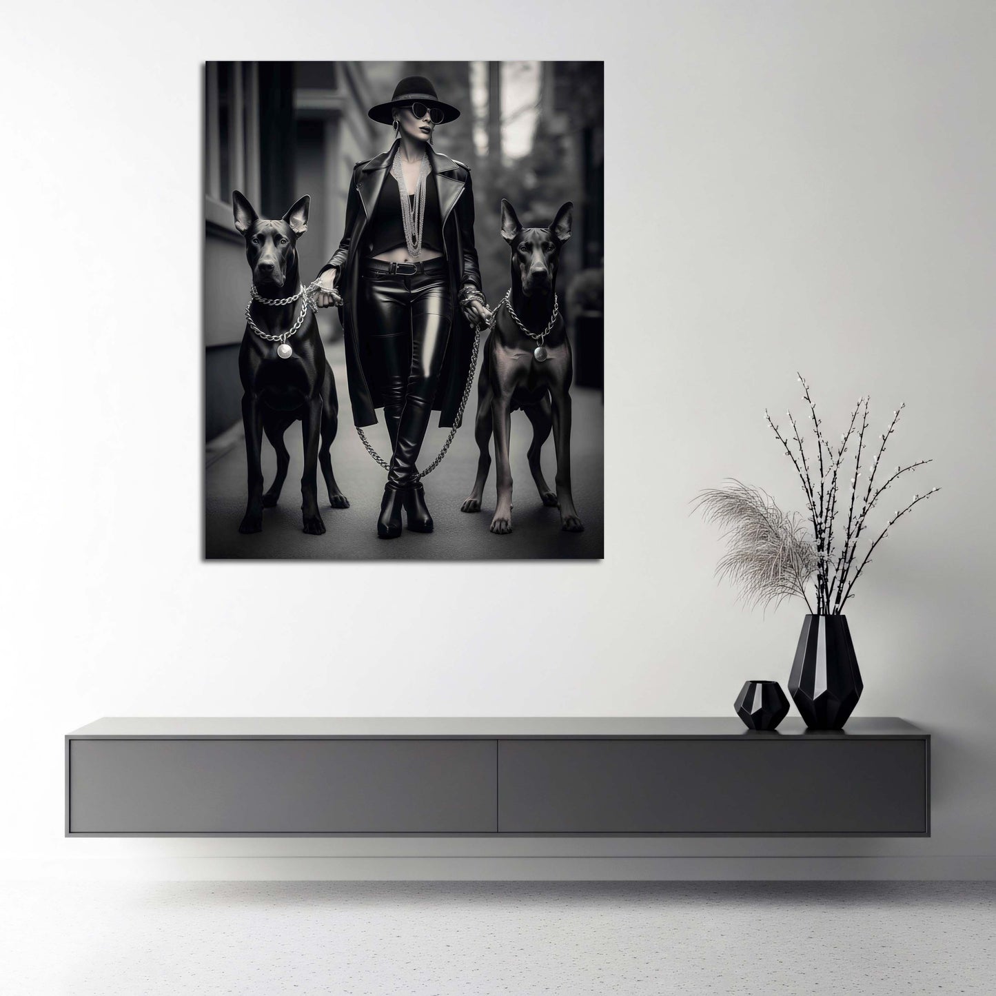 Elegante Lady Frau mit Hunden Großstadt Look Schwarz Weiß Wandbild