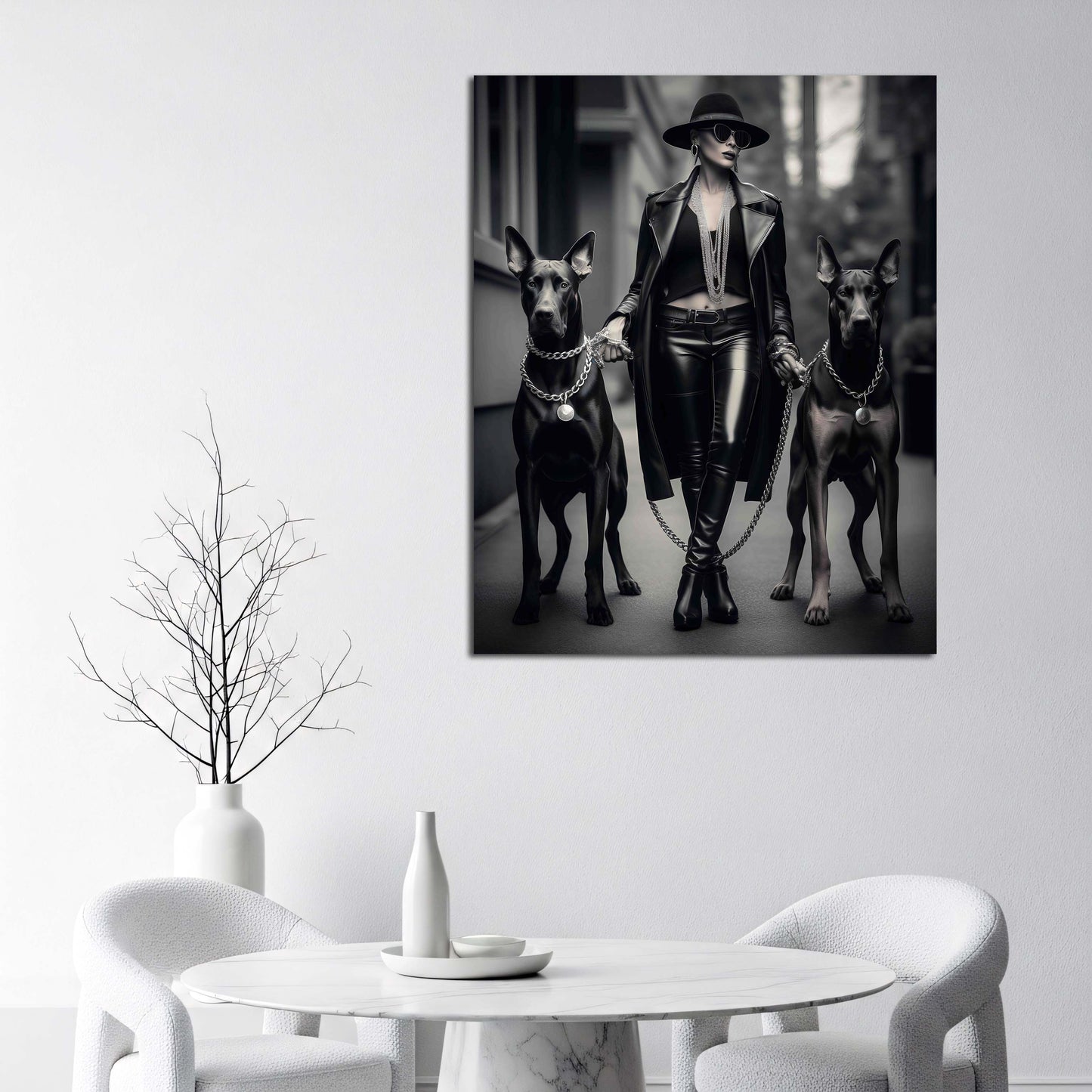 Elegante Lady Frau mit Hunden Großstadt Look Schwarz Weiß Wandbild
