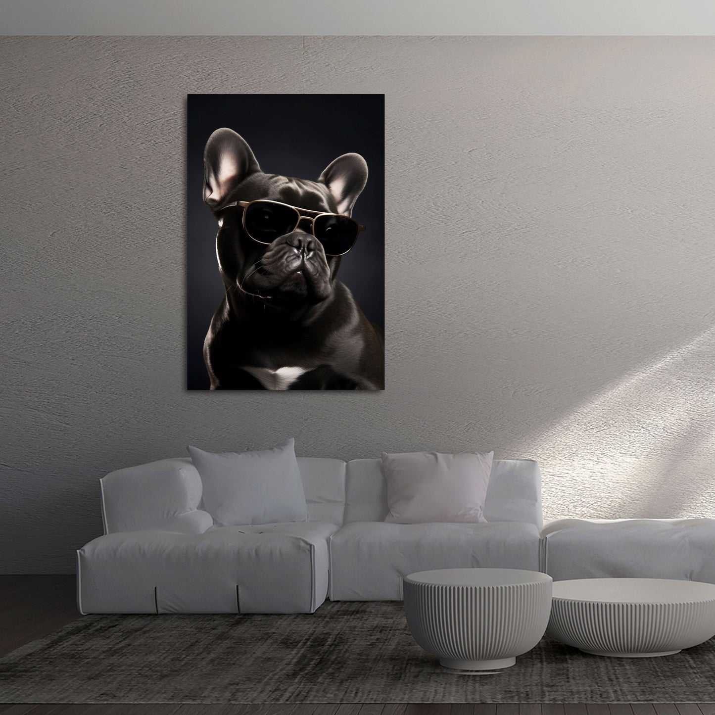 Elegante schwarze Bulldogge mit Brille Hund Wandbild