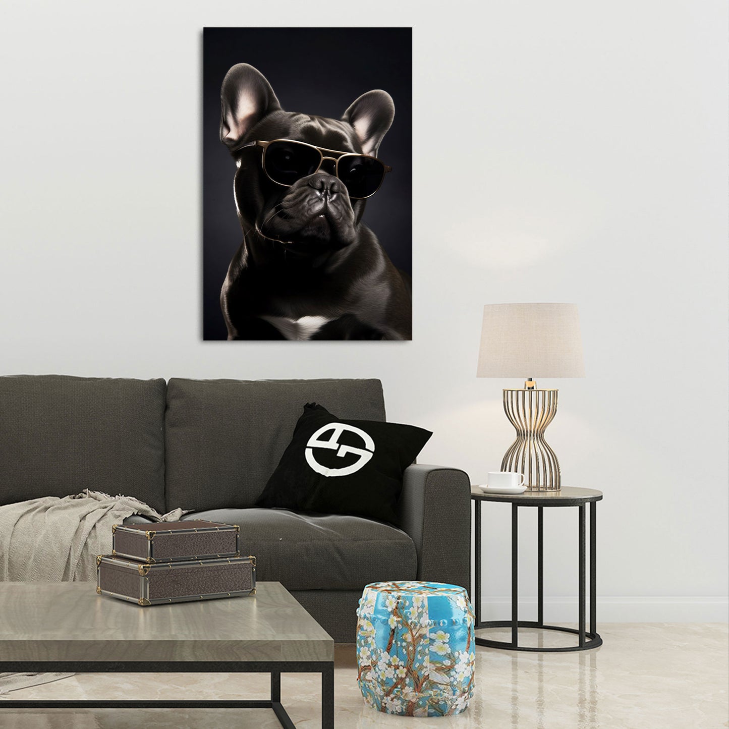 Elegante schwarze Bulldogge mit Brille Hund Wandbild