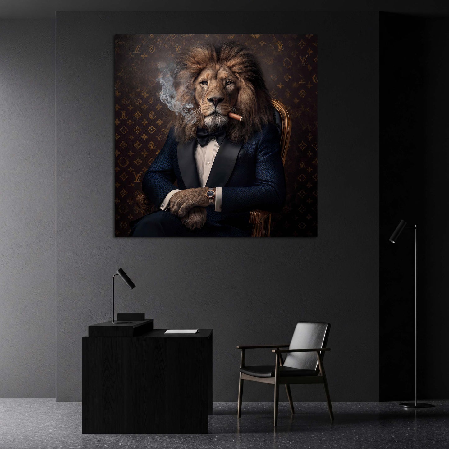 Eleganter Löwe im Smoking mit Zigarre stilvoll Wandbild