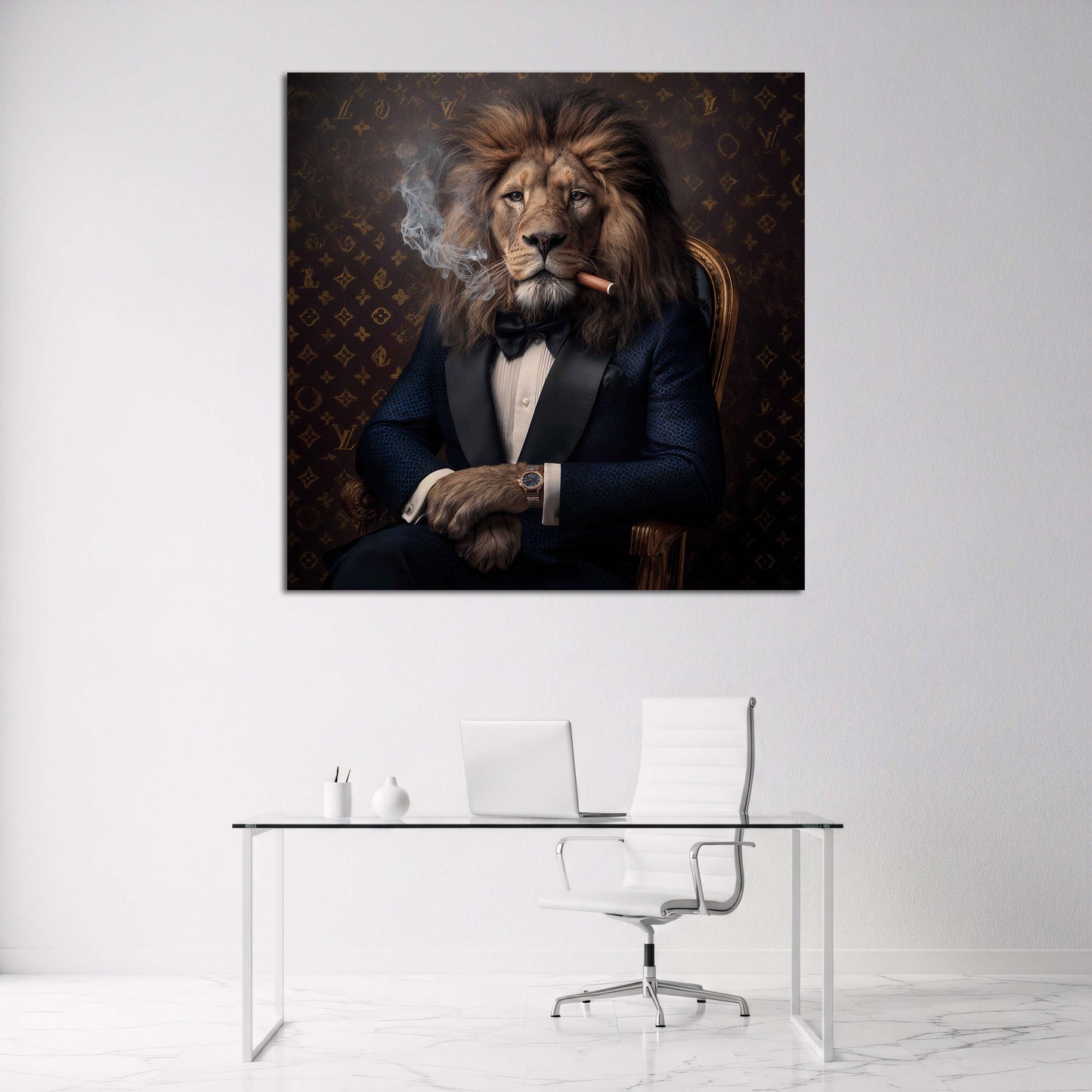Eleganter Löwe im Smoking mit Zigarre stilvoll Wandbild