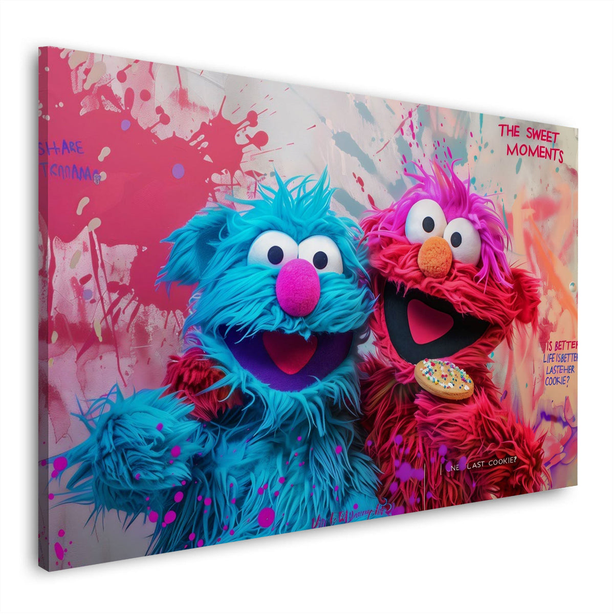 Wandbild blaue und rote Plüschfigur mit Keks im Street Art Stil