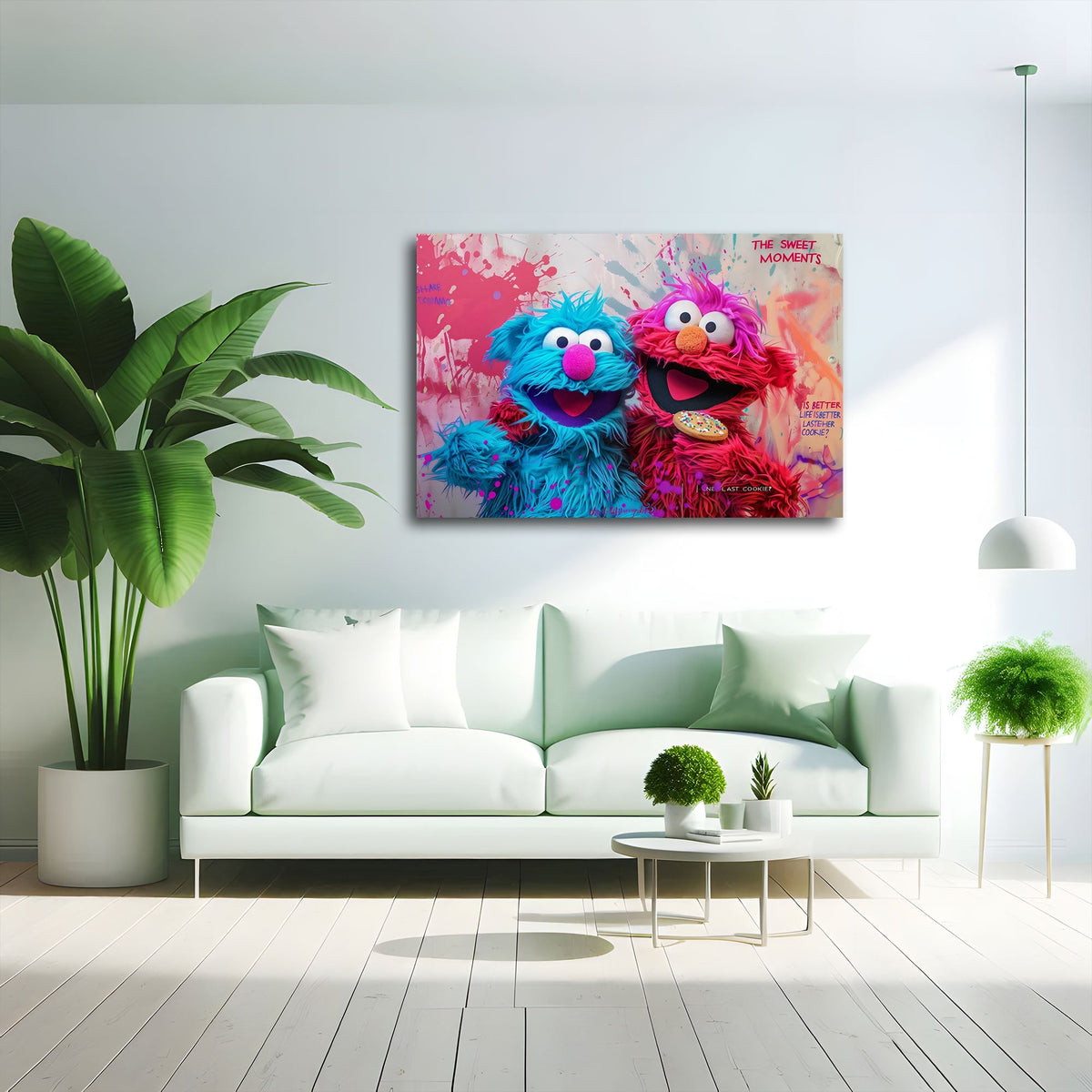 Detailansicht Wandbild mit bunter Plüschfigur und Keks