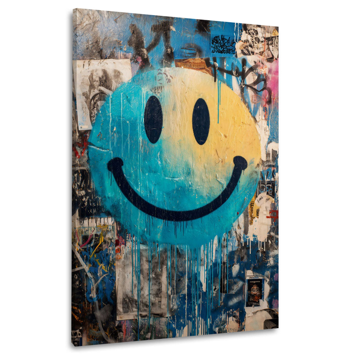 Wandbild lachendes Gesicht in Gelb und Blau auf Plakatwand