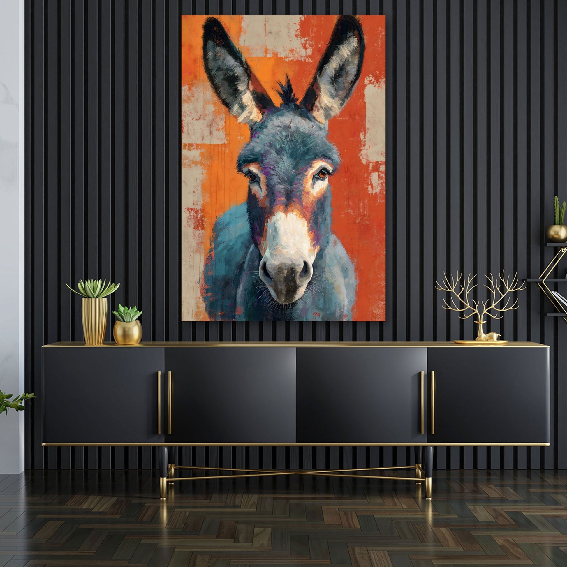 Modernes Esel Kunstportrait in Blaugrau und Orange – Wandbild im Hochformat