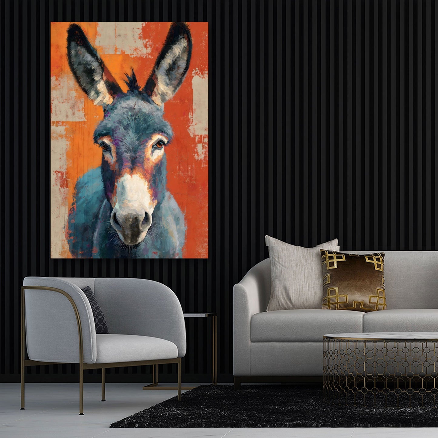 Esel Kunstportrait als Wandbild über der Couch im Wohnzimmer