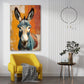 Esel Portrait in Blaugrau vor orange-gelbem Hintergrund – Wandbild im Hochformat