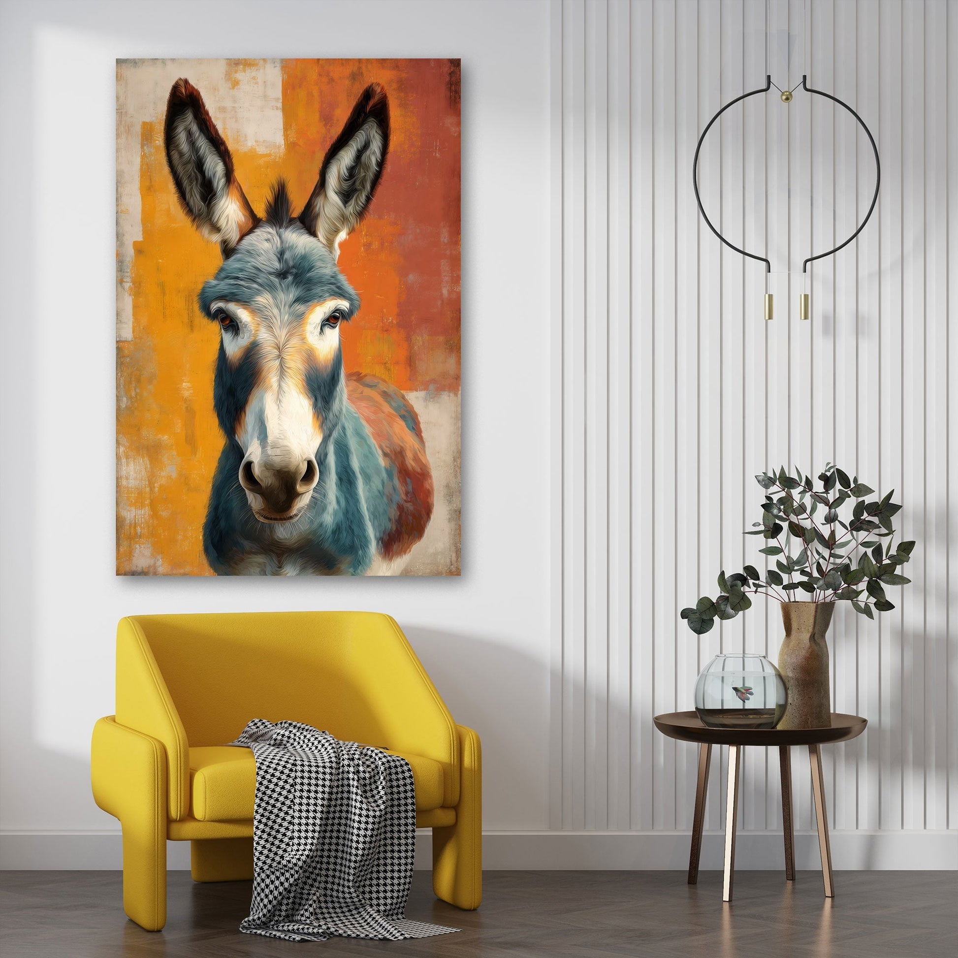 Esel Portrait in Blaugrau vor orange-gelbem Hintergrund – Wandbild im Hochformat