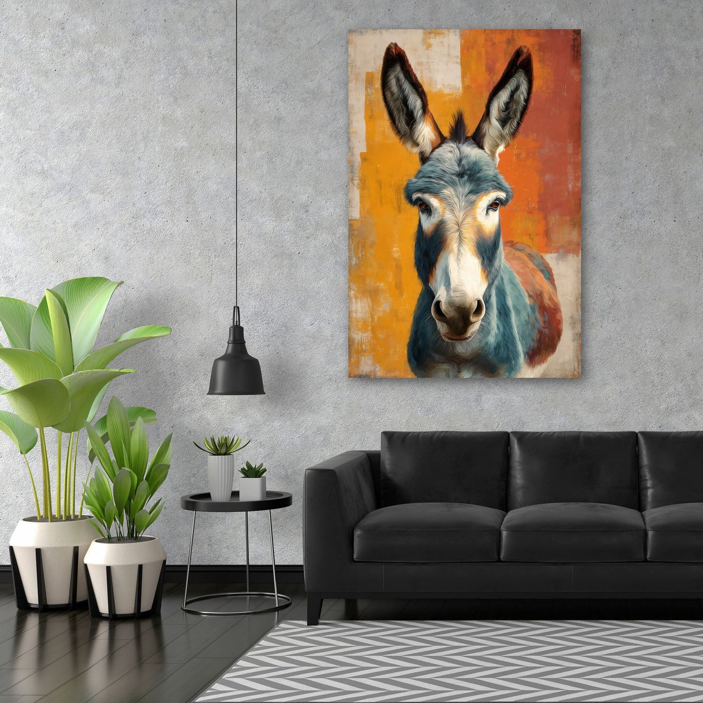 Esel Wandbild über dem Sofa im Wohnzimmer