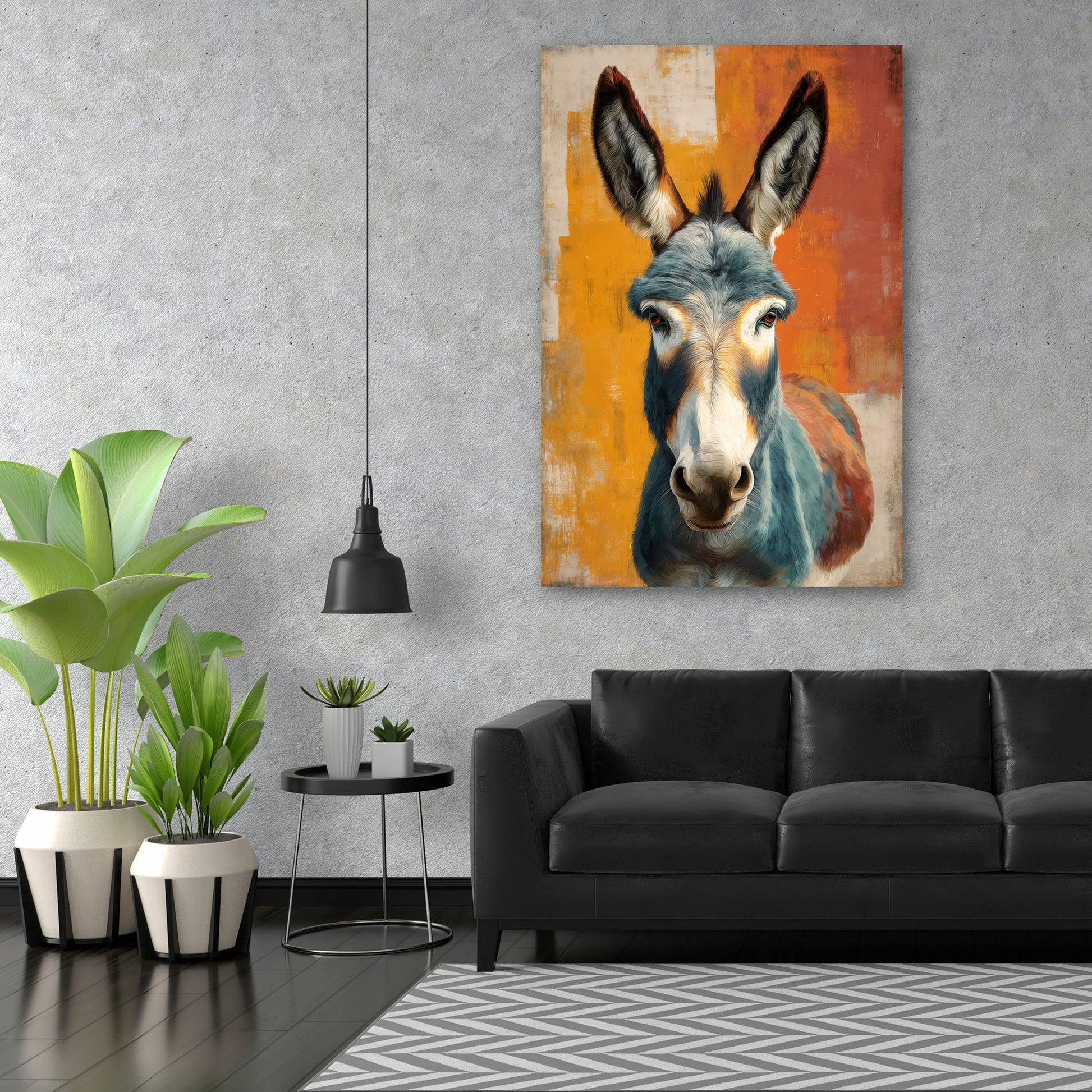 Esel Wandbild über dem Sofa im Wohnzimmer