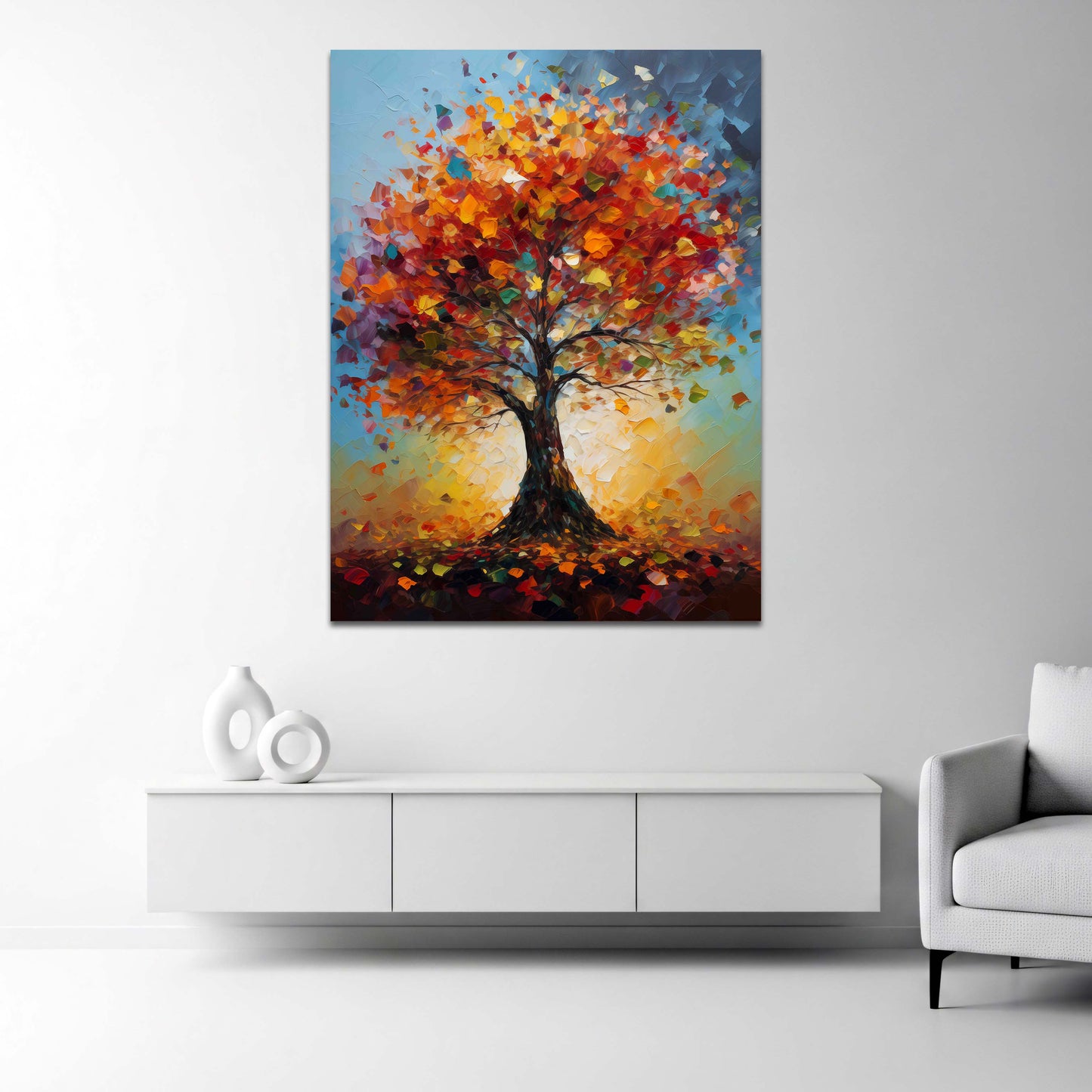 Farbenfroher Herbstbaum in abstrakter Malerei Wandbild