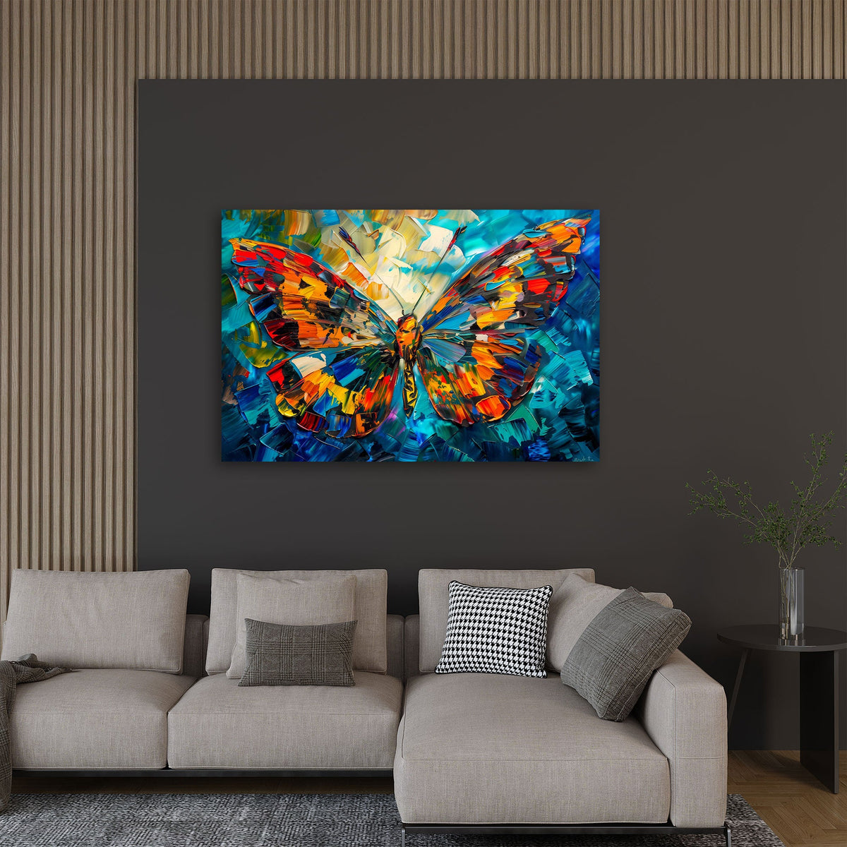 Detailansicht Schmetterling Wandbild mit pastosem Farbauftrag und Mosaikstruktur