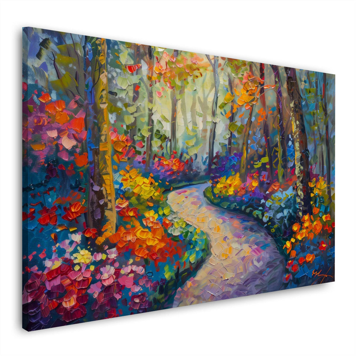 Farbenfroher Weg durch den Herbstwald in Spachteltechnik als Wandbild