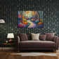 Buntes Herbstwald Wandbild über dem Sofa im Wohnzimmer