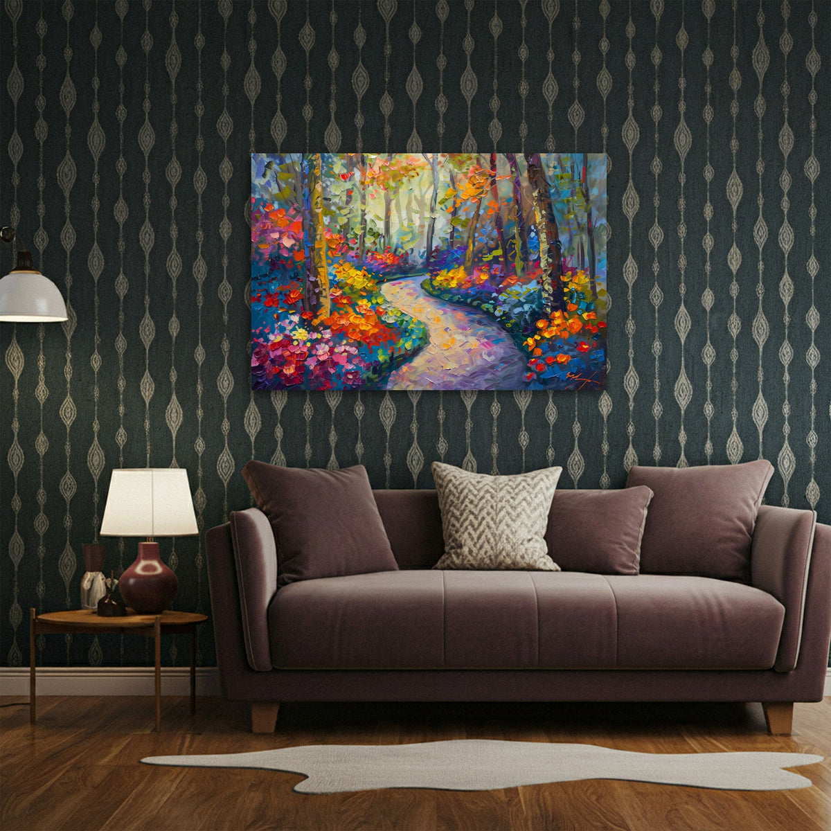 Buntes Herbstwald Wandbild über dem Sofa im Wohnzimmer