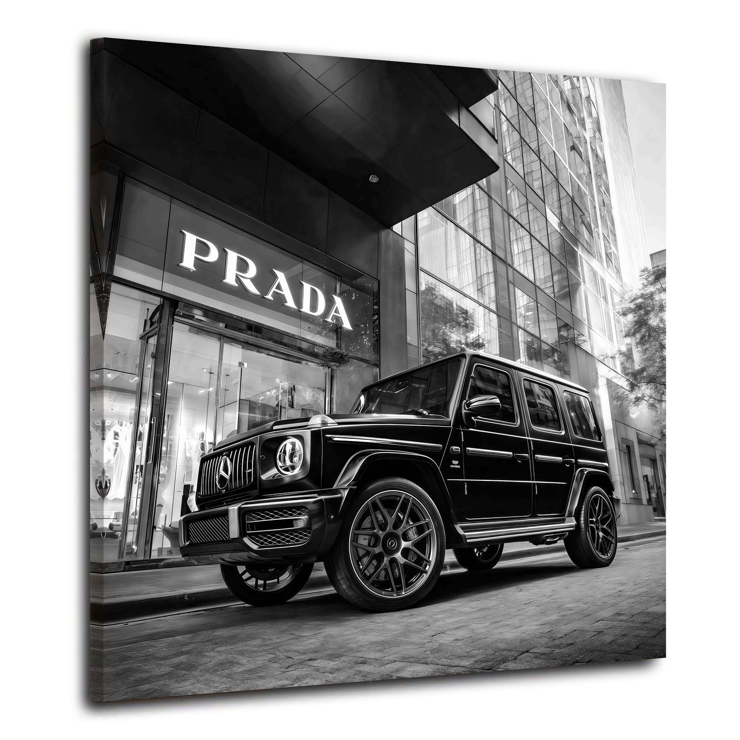 Fashion Boutique und SUV elegant monochrom Stadt Wandbild